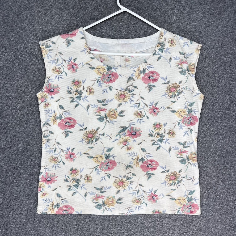 Vintage Handmade Floral Tank Top Grandmacore Women's Large Cream Pastel 90s